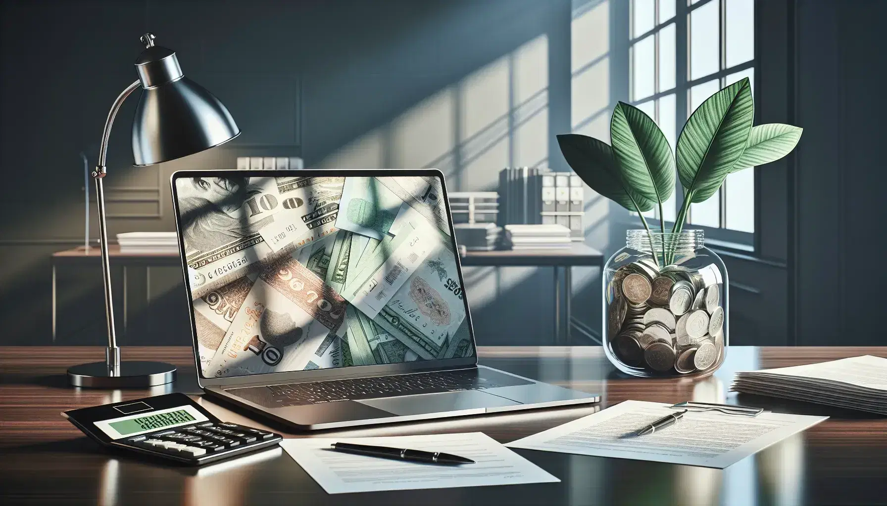 Modern office desk with a silver laptop, calculator, stack of blank papers, and a jar of assorted currency notes beside a green potted plant, in a softly lit room.