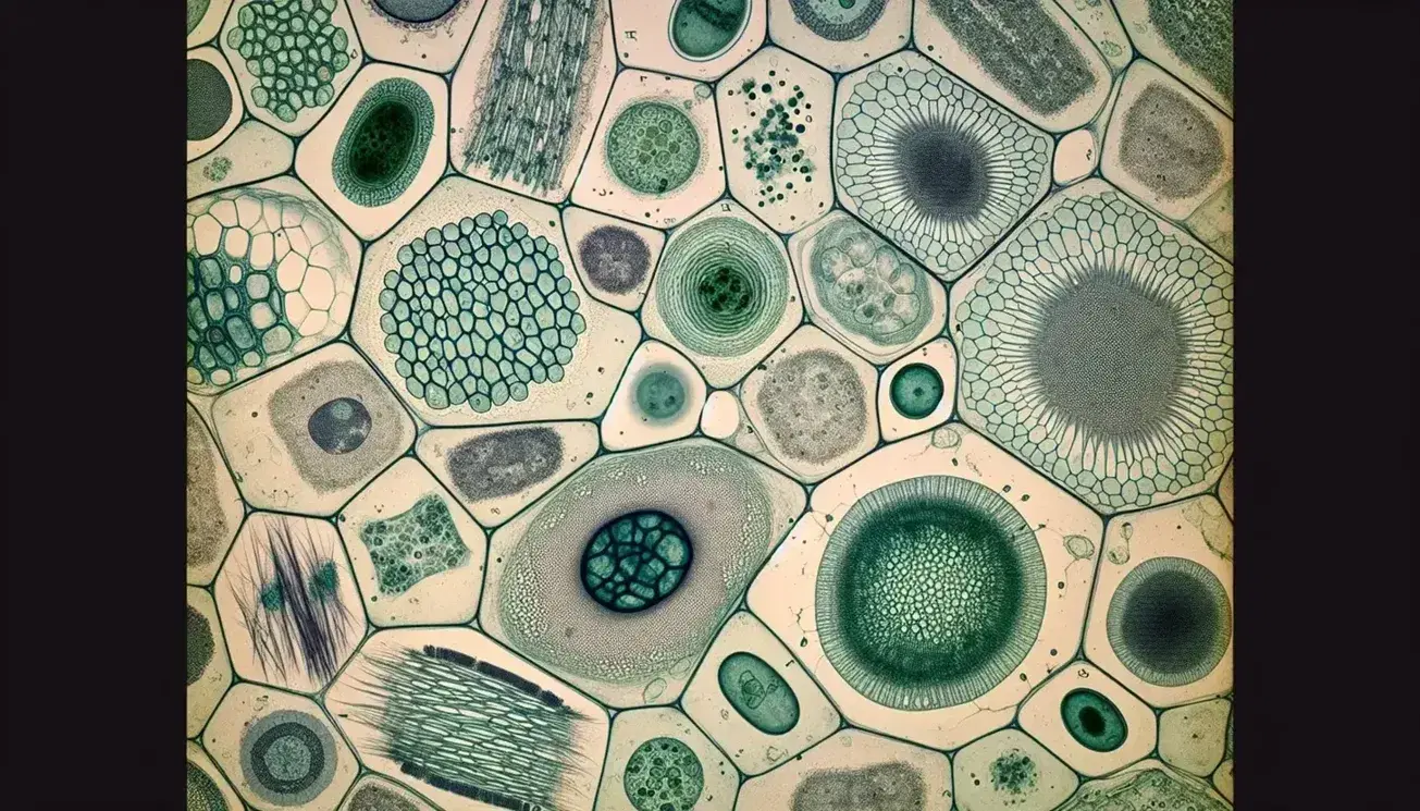 Vista microscópica de tejido vegetal mostrando células con paredes celulares, cloroplastos verdes, citoplasma, orgánulos y núcleos oscuros.