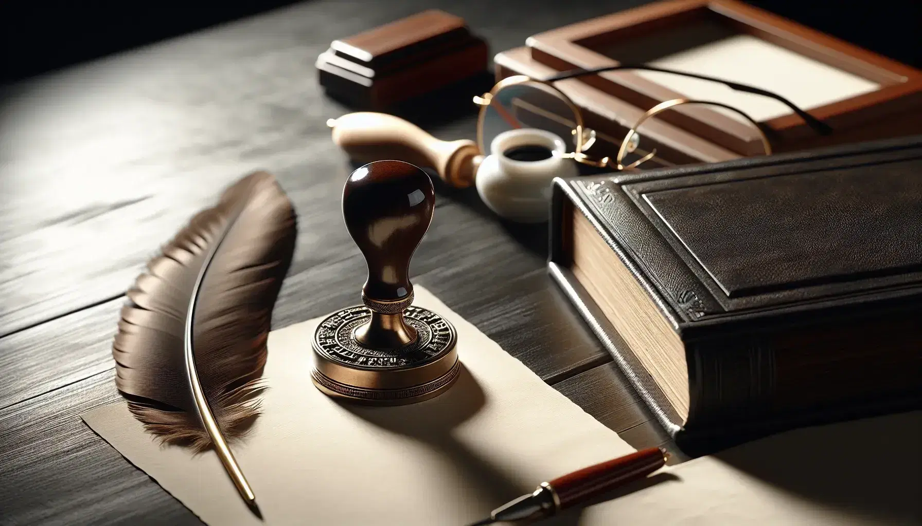 Escritorio de madera oscura con sello notarial metálico, tintero de porcelana con pluma, libro encuadernado en cuero y gafas doradas sobre documentos en blanco.