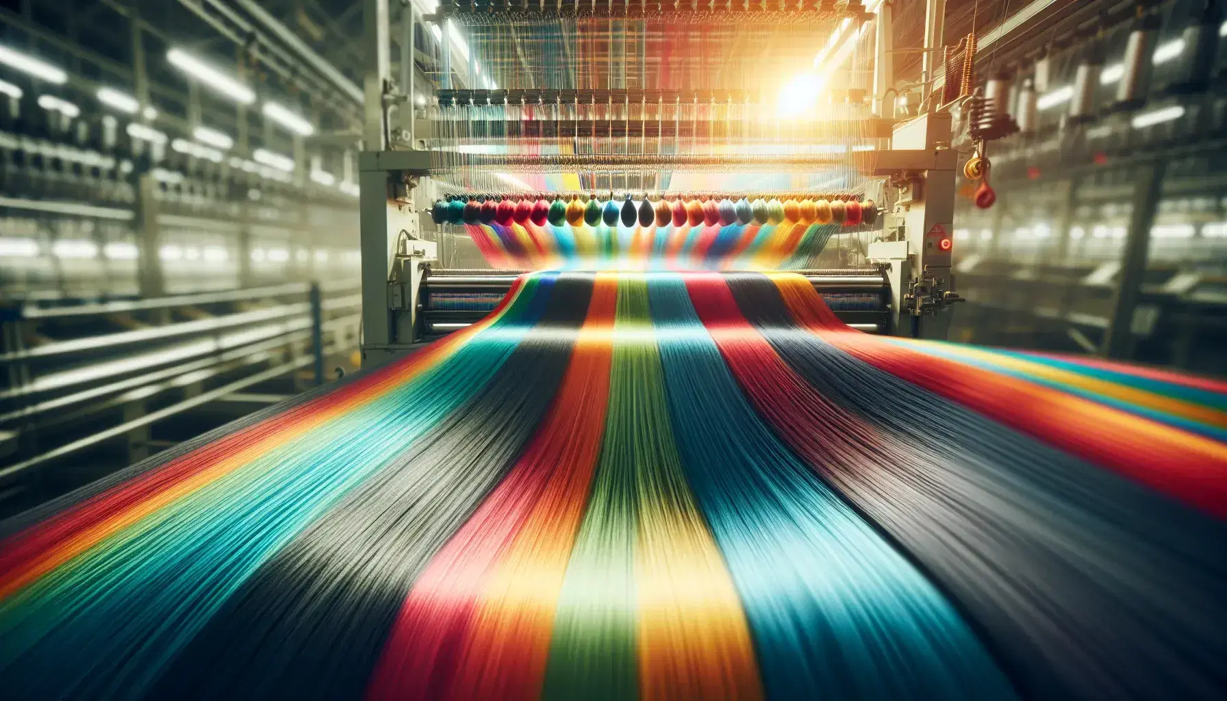 Fibre sintetiche colorate brillano in primo piano con sfondo sfocato di macchinario tessile industriale in funzione.