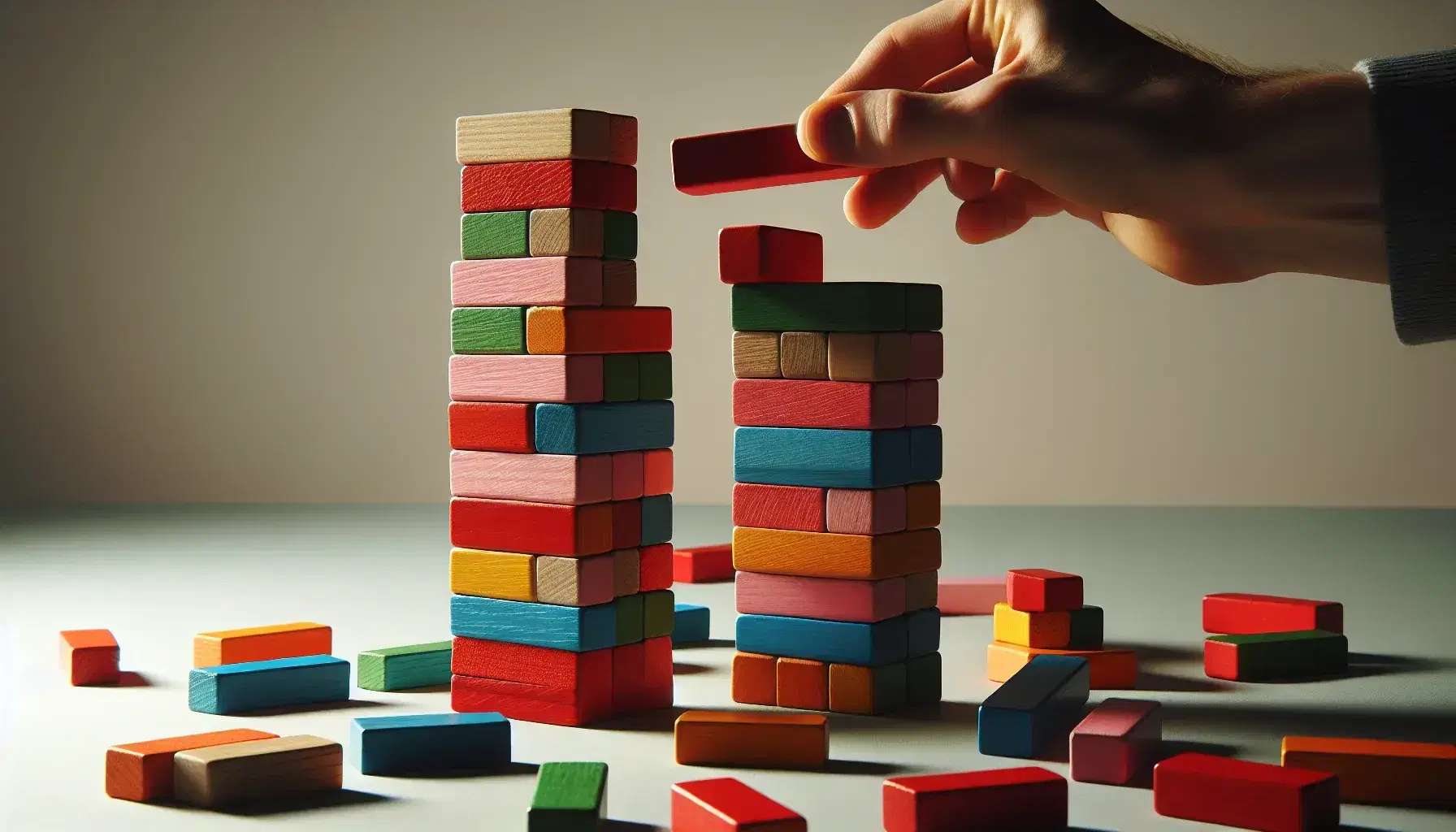 Torre di blocchi colorati in legno con mano che aggiunge pezzo rosso su superficie grigia, sfondo con altri blocchi sfocati.