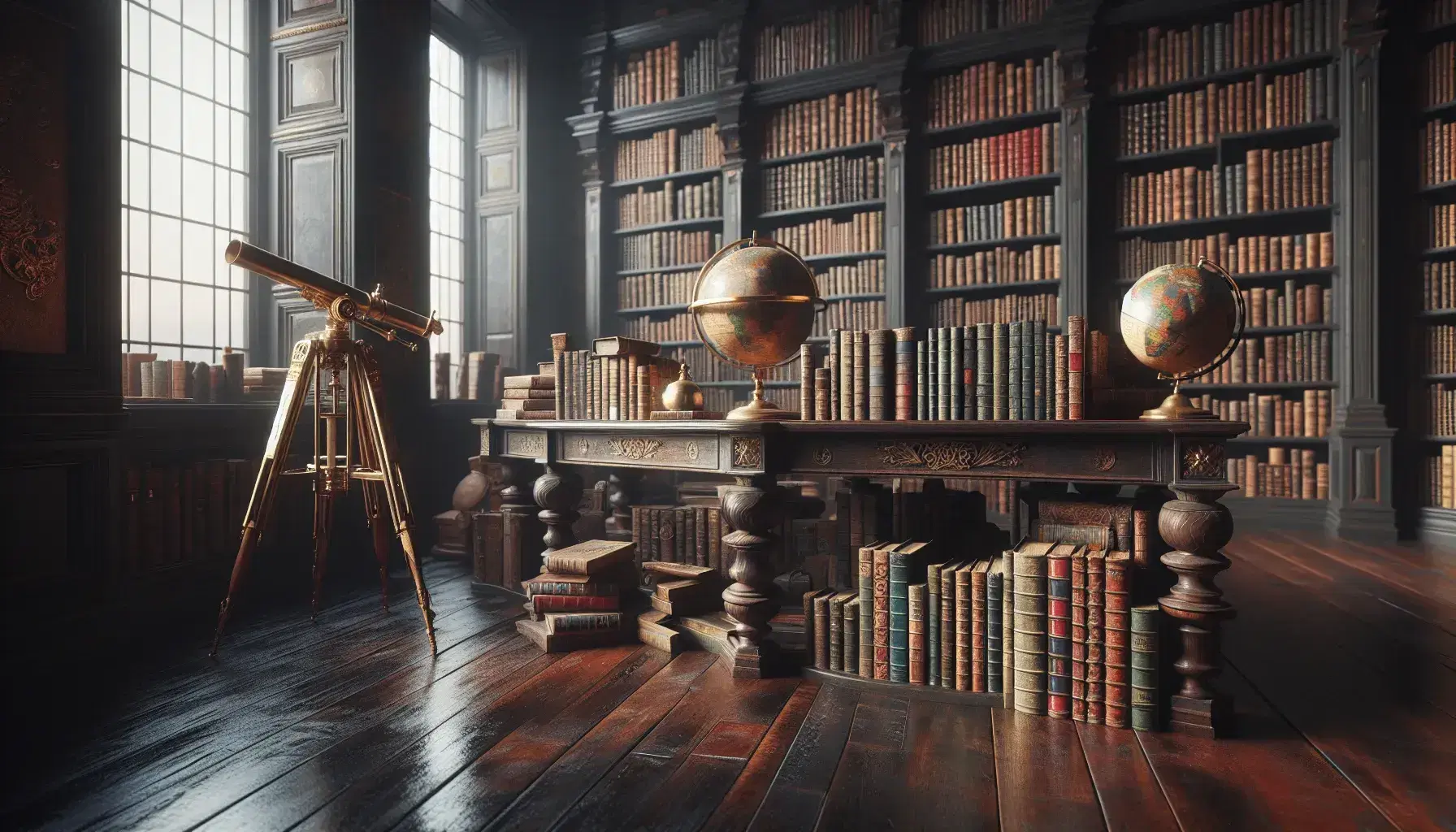 Biblioteca antigua con estantes de madera oscuros llenos de libros coloridos, mesa central con globo terráqueo y telescopio de latón junto a ventana iluminada.