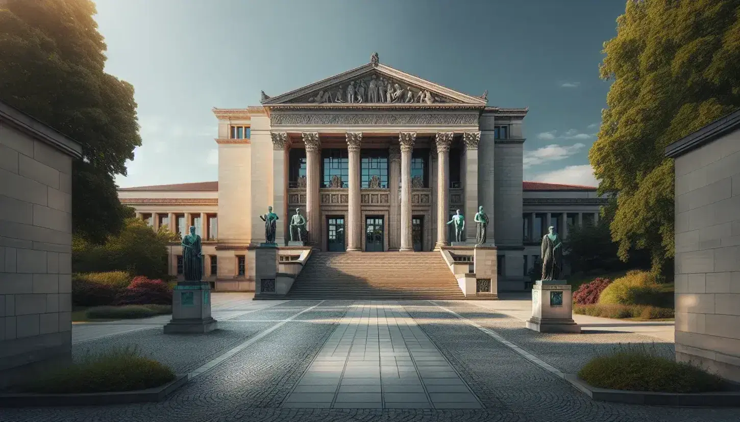Edificio clásico con fachada de arenisca, escalinatas amplias, columnas robustas y estatuas de bronce bajo un cielo azul intenso, rodeado de jardines cuidados.