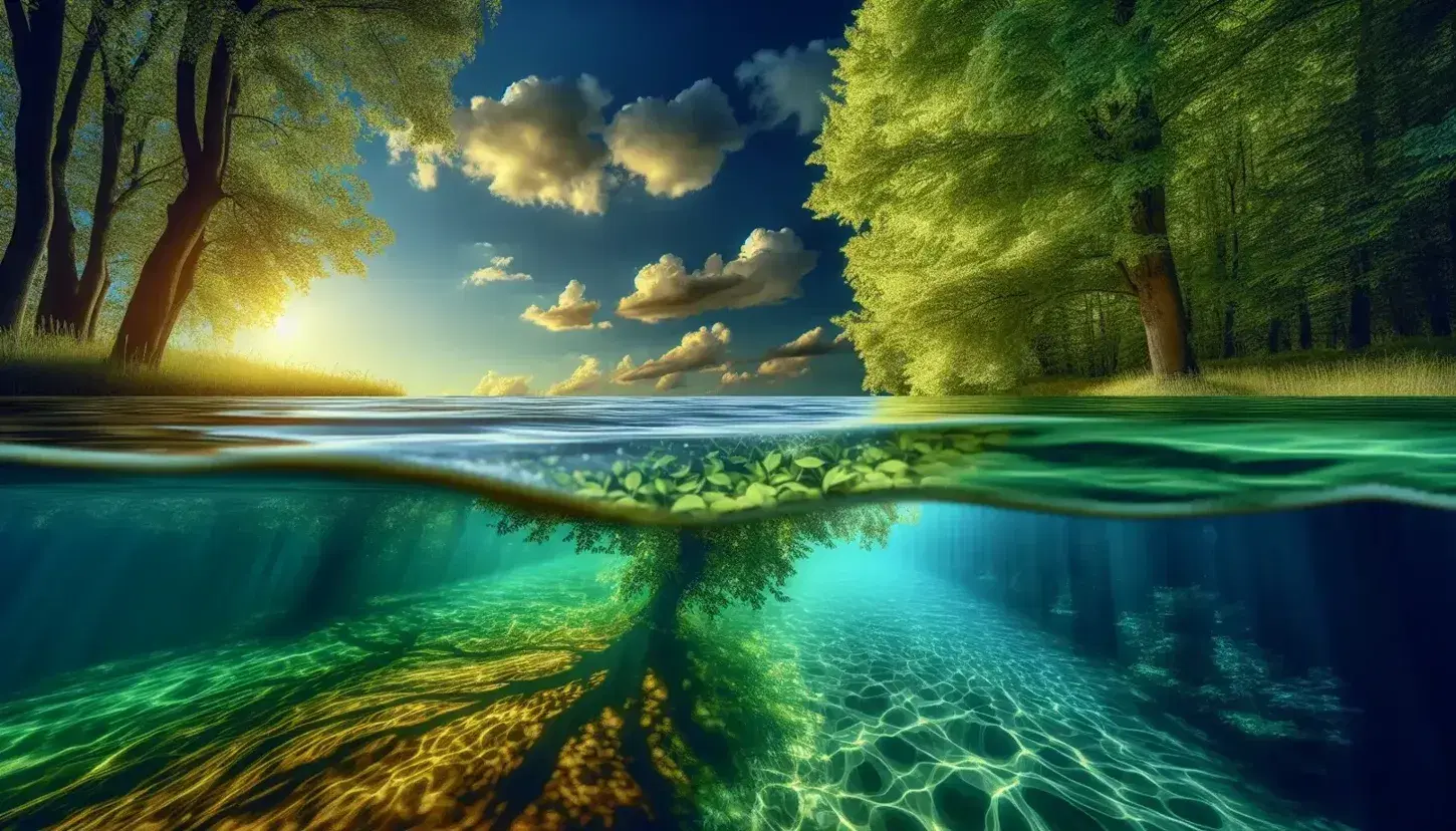 Cielo azul con nubes sobre un dosel de árboles verdes y reflejo en agua, con un ciervo marrón bebiendo en la orilla.