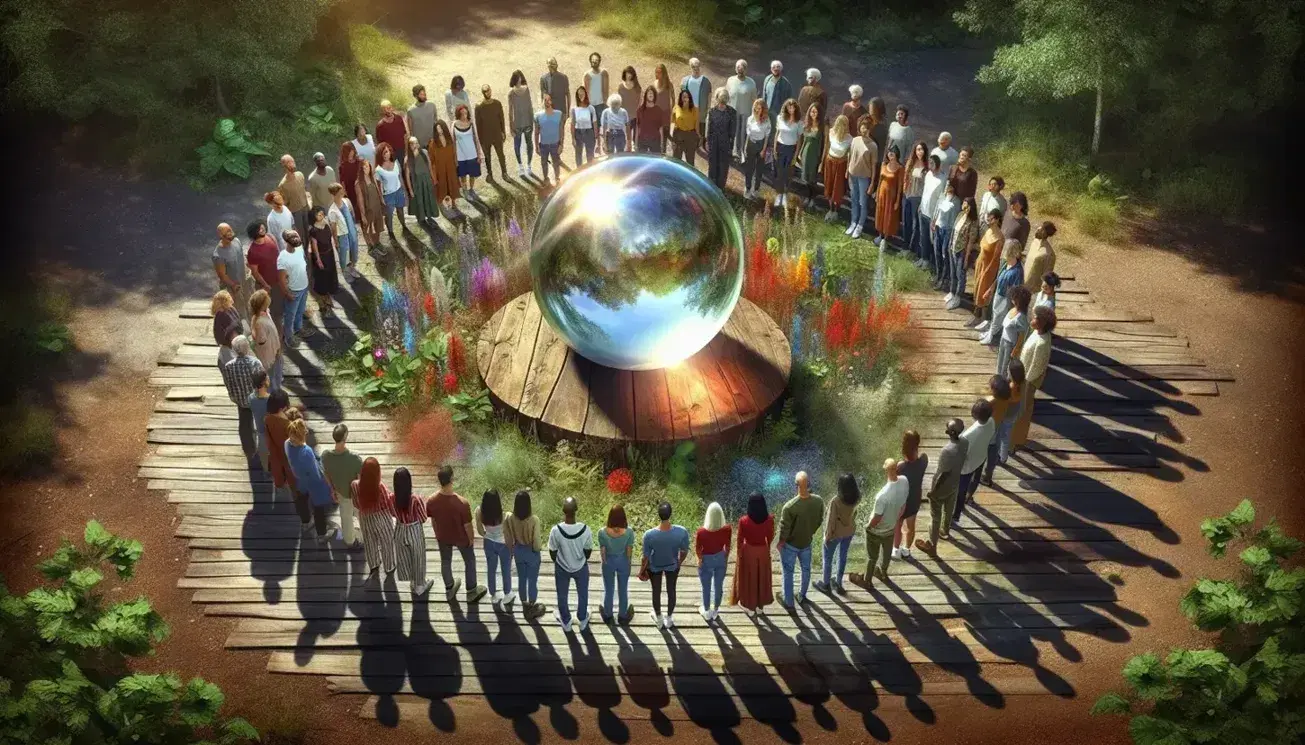 Grupo diverso de personas admirando esfera de cristal en parque natural con árboles y flores silvestres, reflejando luz solar y proyectando colores.