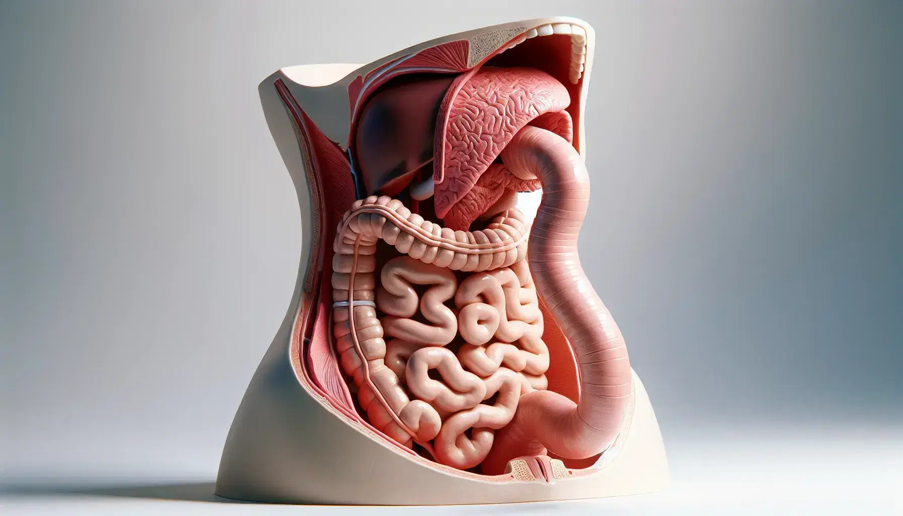 Modelo anatómico del sistema digestivo humano mostrando boca, esófago, estómago, intestinos, hígado, vesícula biliar y páncreas sobre fondo neutro.