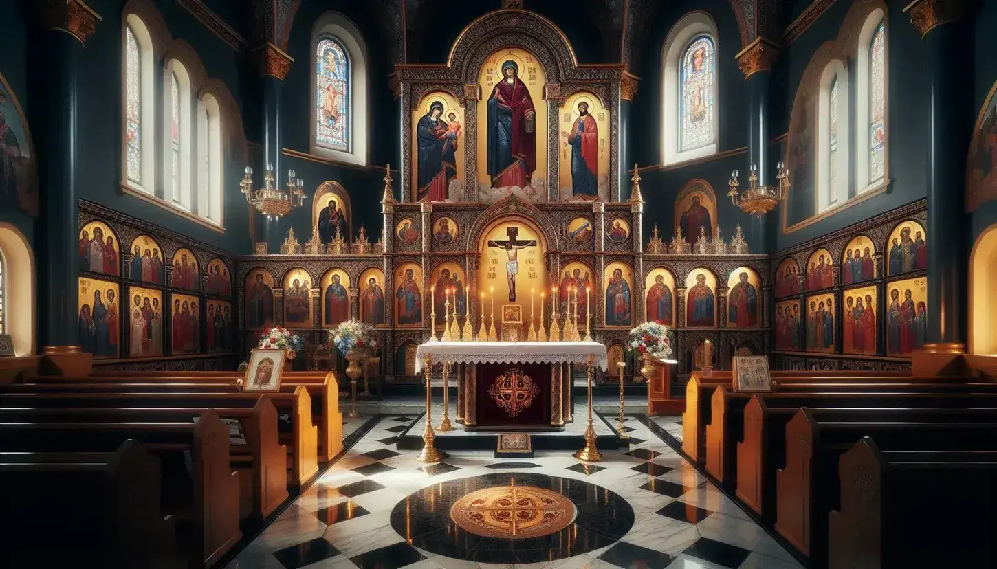 Interno di chiesa con altare cattolico, crocifisso dorato e iconostasi ortodossa decorata, pavimento in marmo a scacchi.