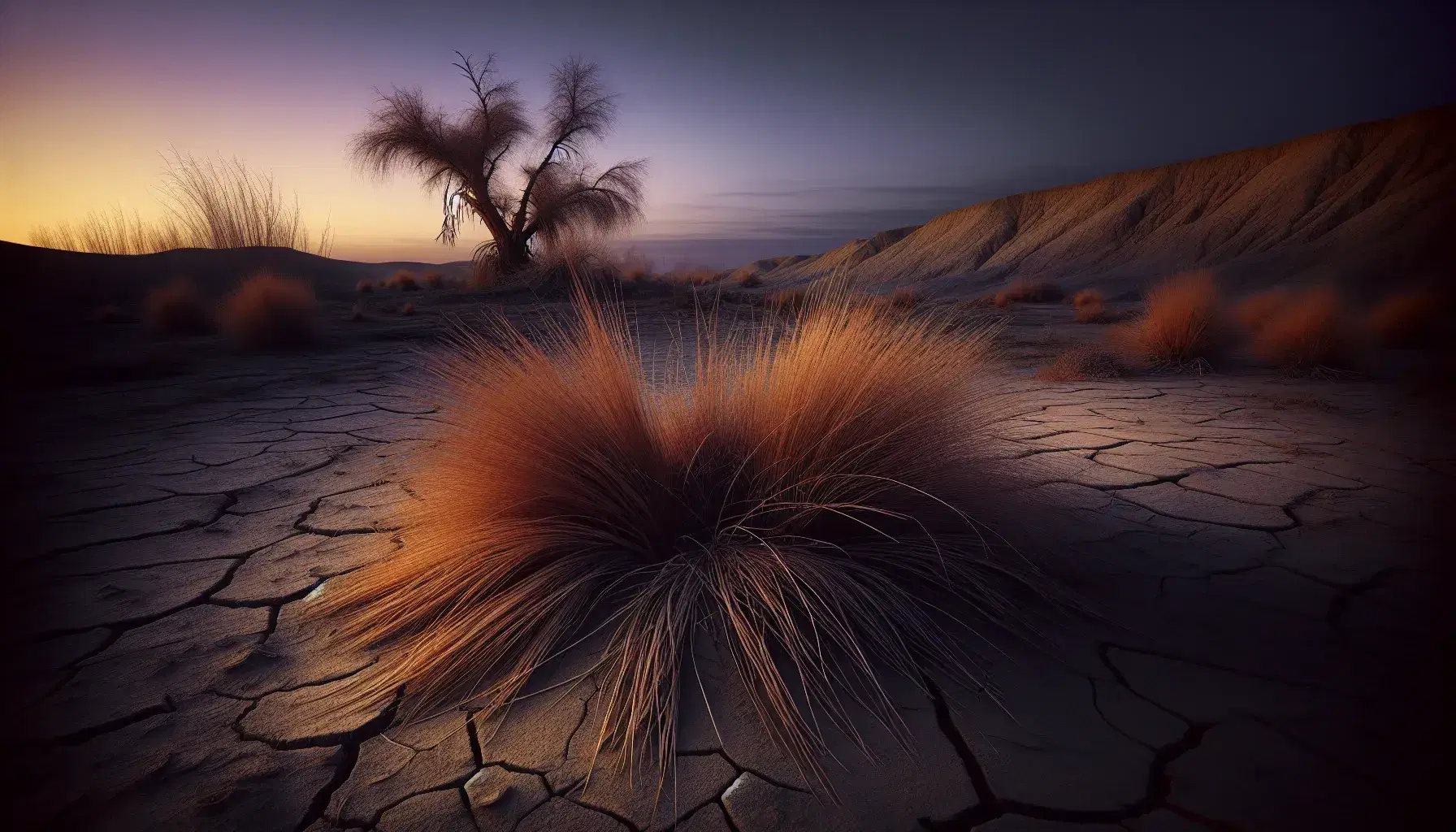 Twilight over a barren landscape with golden-brown dry grass in the foreground, a solitary leafless tree in the middle, and a gradient dusky sky above.