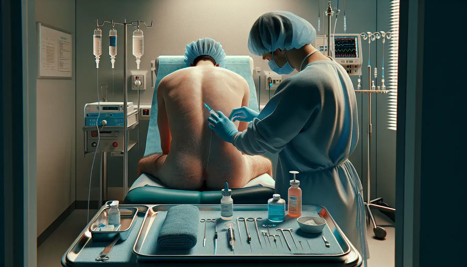 Healthcare professional performing lumbar puncture on patient in clinical setting to collect CSF for bacterial meningitis diagnosis.
