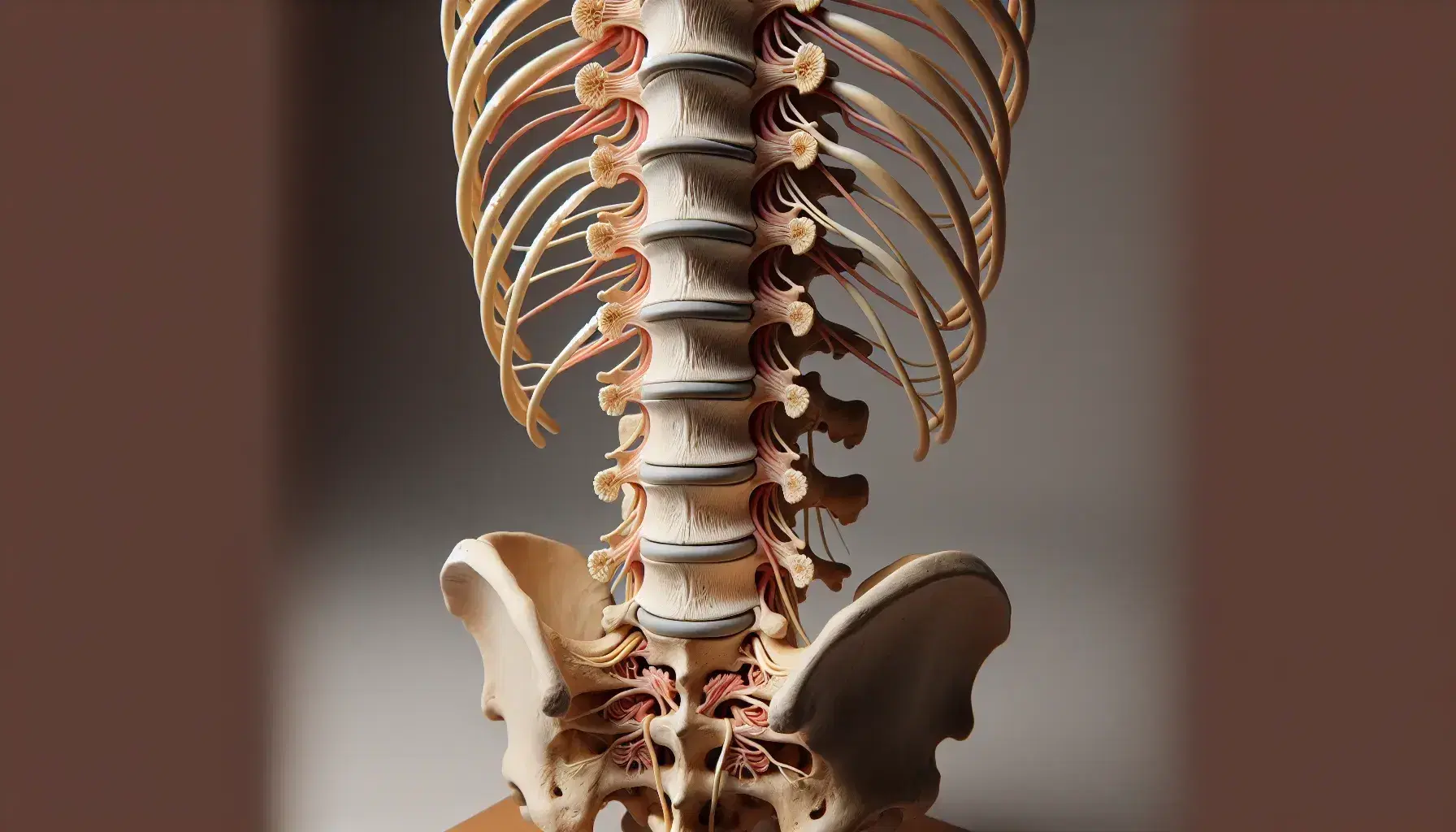 Modelo anatómico detallado de la espina dorsal humana mostrando el cordón espinal, vértebras y raíces nerviosas en vista posterior con colores naturales.