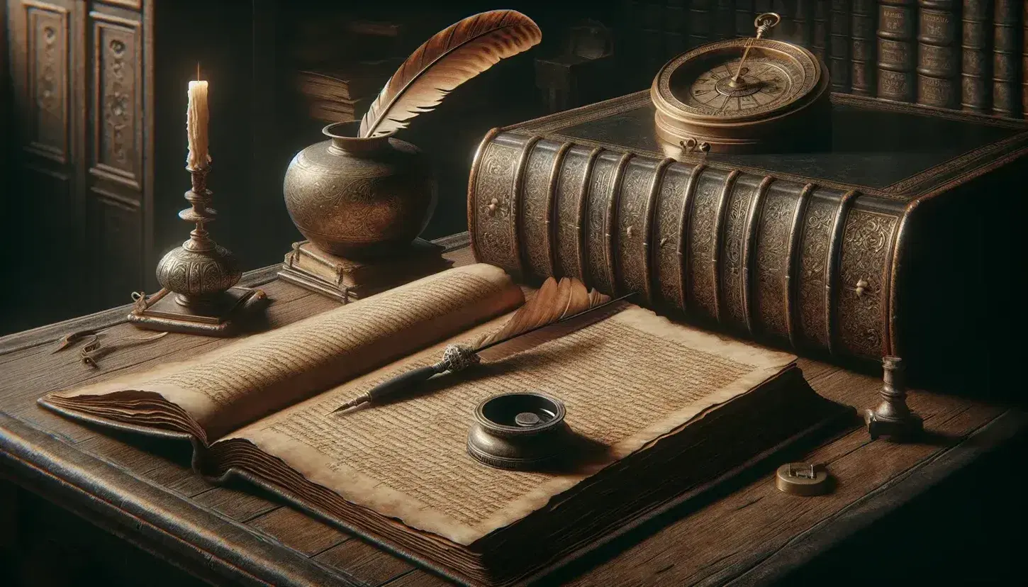 Dimly lit 17th-century study with a dark wooden desk, open leather-bound book, quill in silver inkwell, sealed parchment, and brass astrolabe.