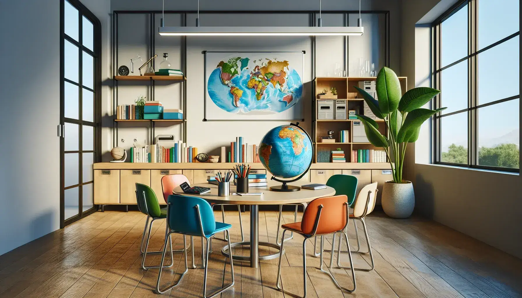 Aula moderna con mesa redonda y sillas de colores, globo terráqueo, microscopio y calculadora sobre la mesa, pizarra blanca y estantería con libros al fondo.