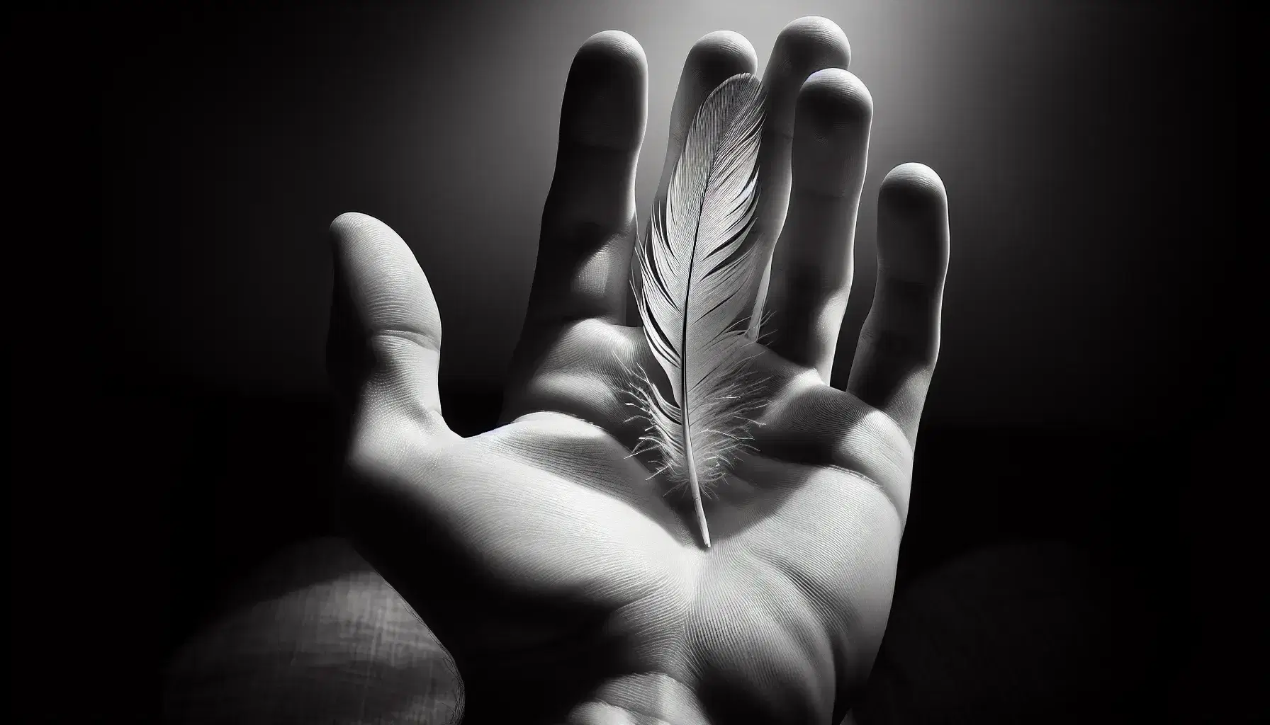 Mano humana con palma hacia arriba sosteniendo delicadamente una pluma de ave que va de blanco a gris suave bajo una luz suave que resalta texturas y sombras.