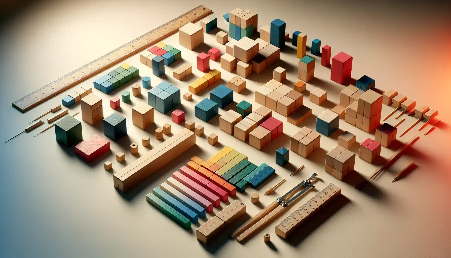 Bloques de madera de colores y formas variadas sobre superficie clara con regla y compás, juguetes educativos para el desarrollo infantil.