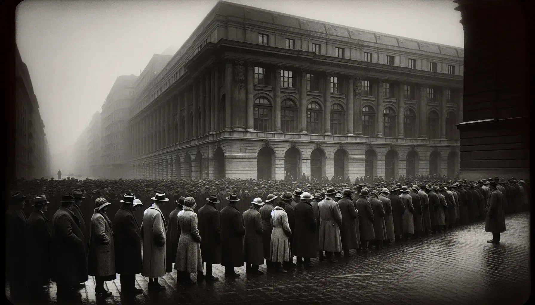 1920s German citizens in a breadline, wearing period attire, in front of a neoclassical building on an overcast day, evoking a mood of historical hardship.