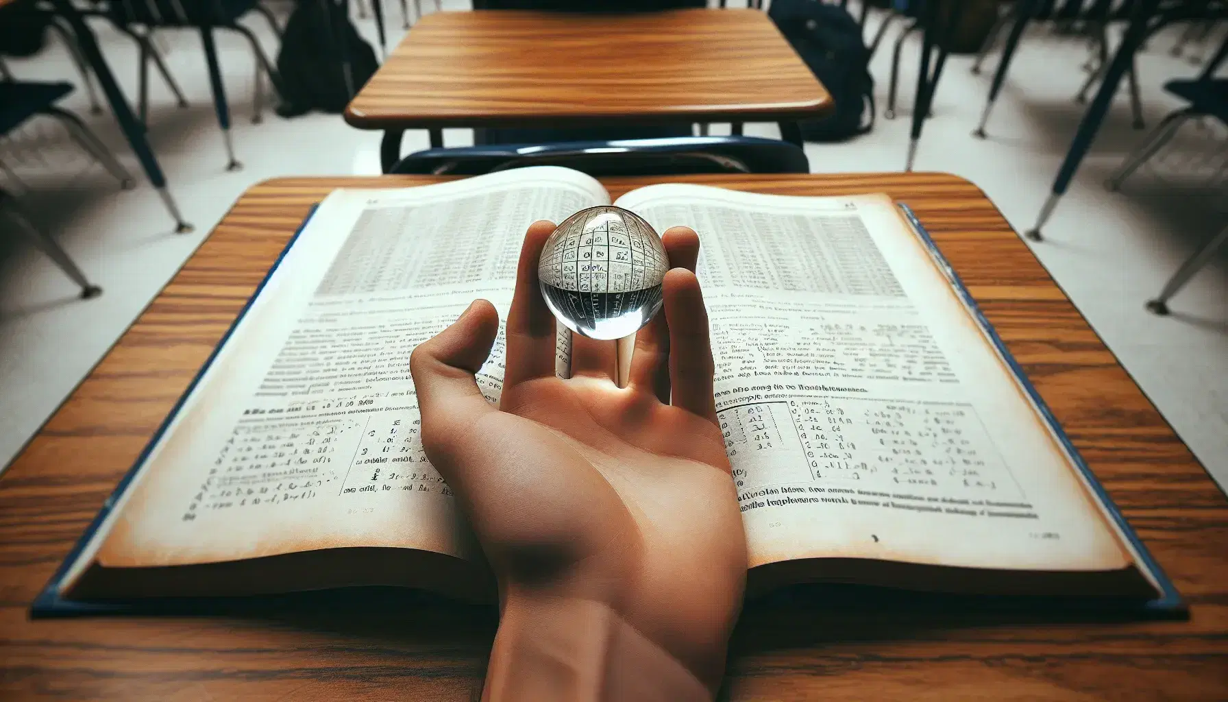 Close-up view of a hand holding a clear glass marble atop an open textbook with mathematical graphs on a wooden desk in a blurred classroom.