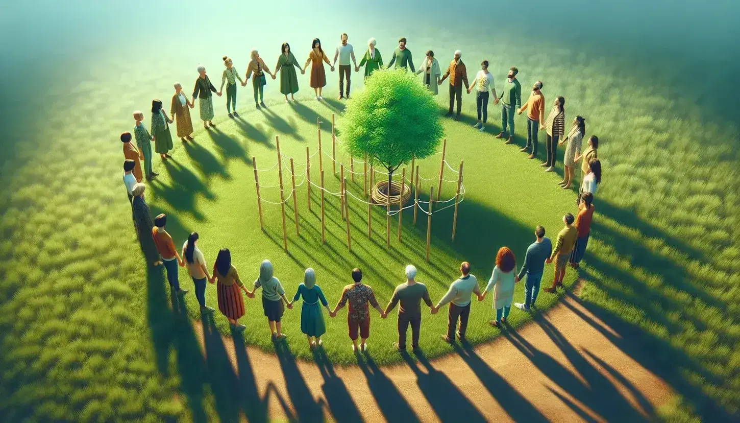 Multi-ethnic group of various ages in circle outdoors, holding hands around young tree on green grass under blue sky.