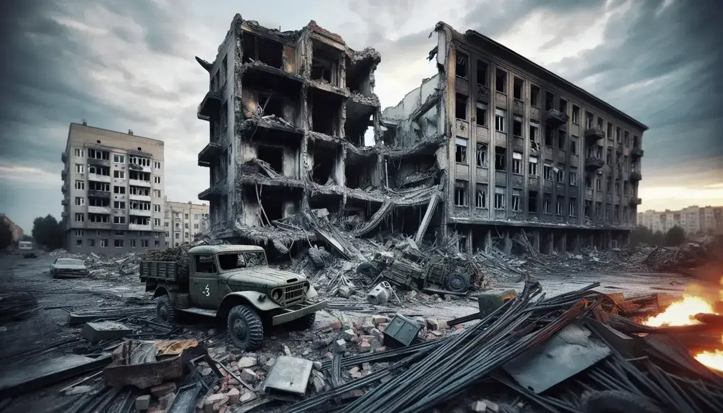Paisaje urbano devastado tras bombardeo con escombros, edificio colapsado y vehículo militar abandonado bajo cielo nublado.
