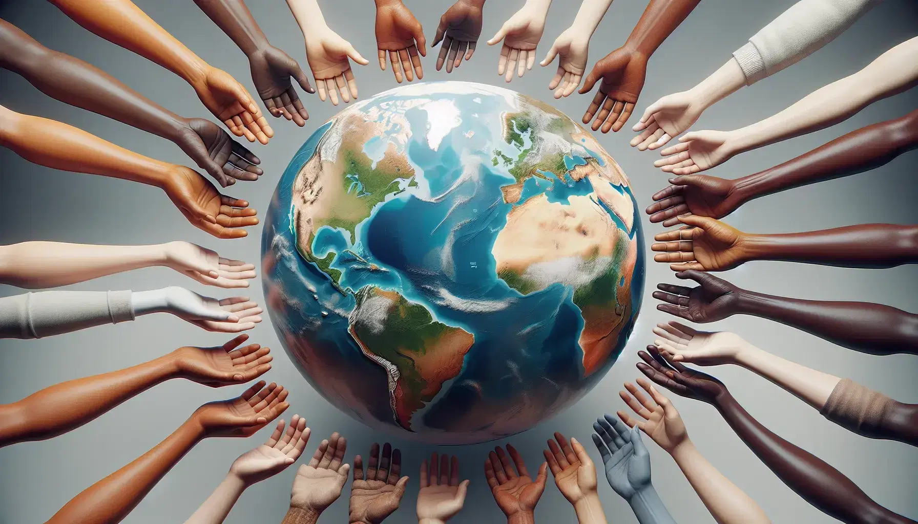 Globo terráqueo realista rodeado por manos de distintas tonalidades que simbolizan la diversidad y unidad sin tocarlo, sobre fondo neutro.