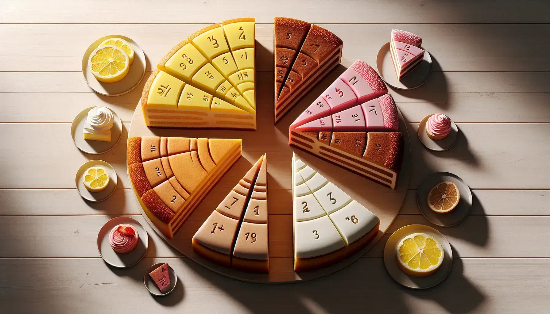 Torte rotonde colorate divise in fette per illustrare frazioni, con una gialla al limone, una rosa alla fragola e una marrone al cioccolato su tavolo chiaro.