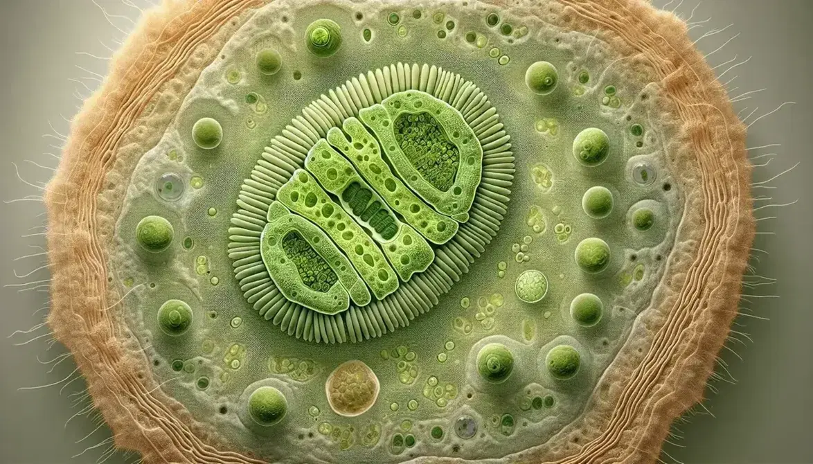 Vista microscópica de una célula vegetal en fotosíntesis con cloroplasto central, membranas de tilacoides, citoplasma, mitocondrias y pared celular texturizada.