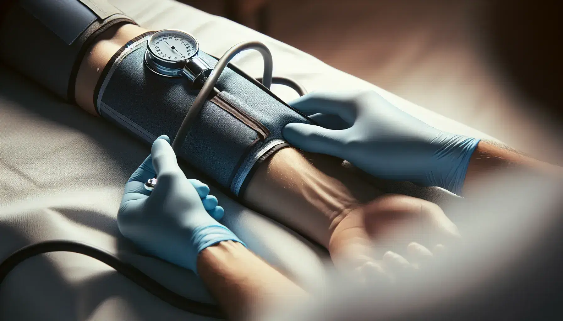 Manos con guantes de látex azules ajustando un tensiómetro en el brazo de un paciente para medir la presión arterial en un entorno clínico.
