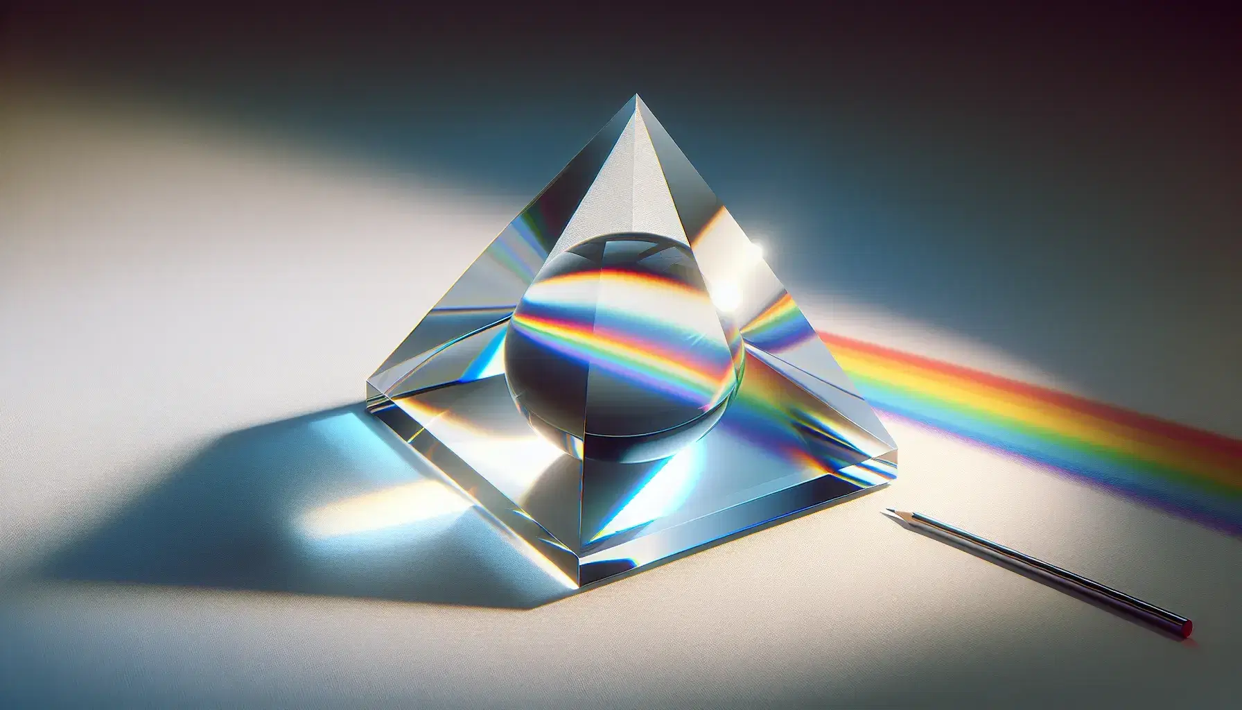 Clear glass prism on white surface dispersing light into a color spectrum, with a biconvex lens showing an inverted pencil image behind it.