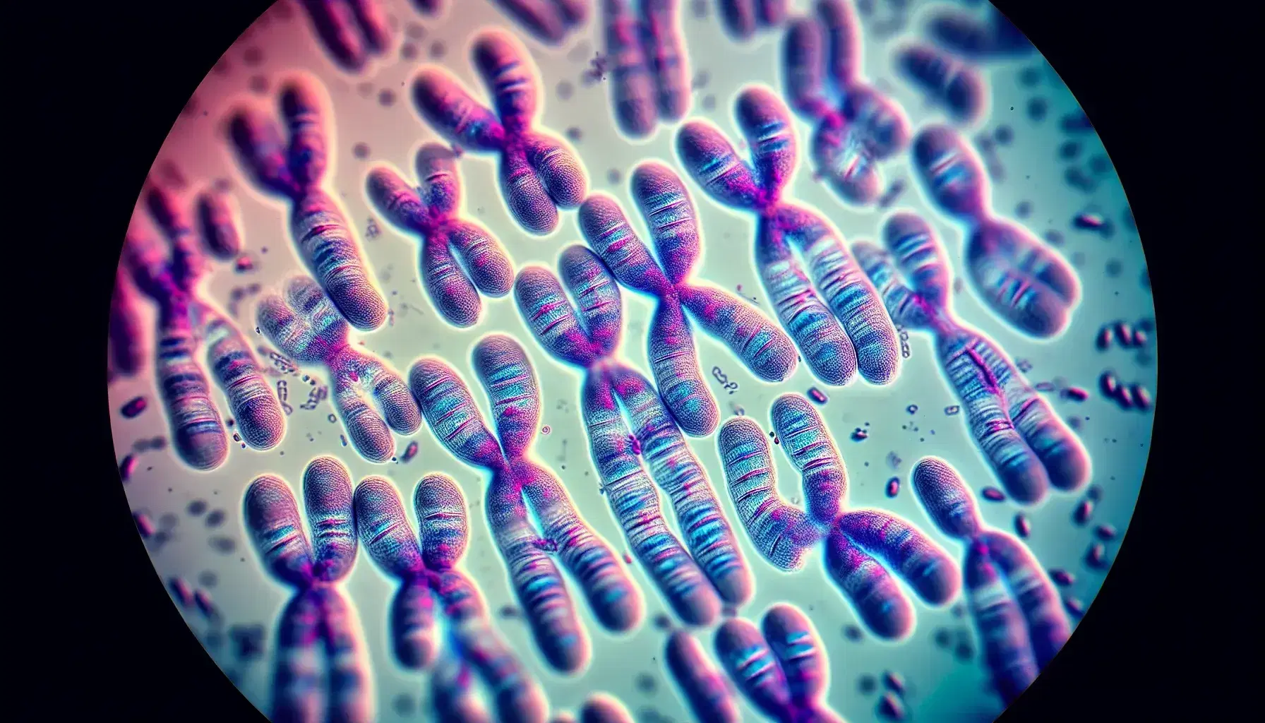 Cromosomi umani appaiati e colorati al microscopio ottico, con centromeri evidenti e sfondo sfocato.