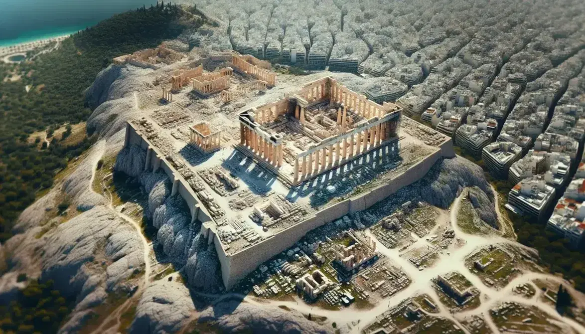 Veduta aerea delle rovine dell'Acropoli di Atene con il Partenone al centro, circondato da resti archeologici e vegetazione, sotto un cielo azzurro.