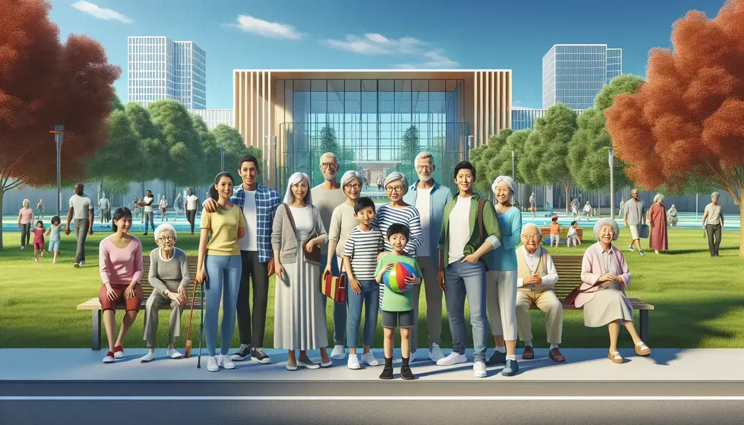 Diverse group of people in a public park with modern building, child with colorful ball, happy parents and Asian senior on bench.