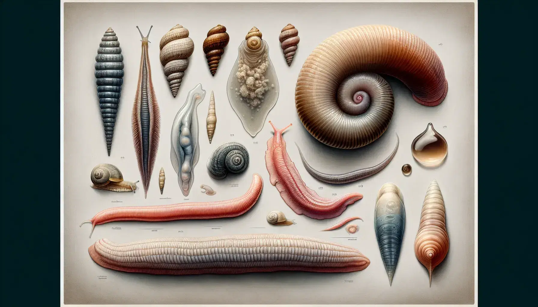 Assortimento di invertebrati: verme piatto parassita, lumaca con guscio, limaccia, lombrico e larva di mollusco su sfondo neutro.