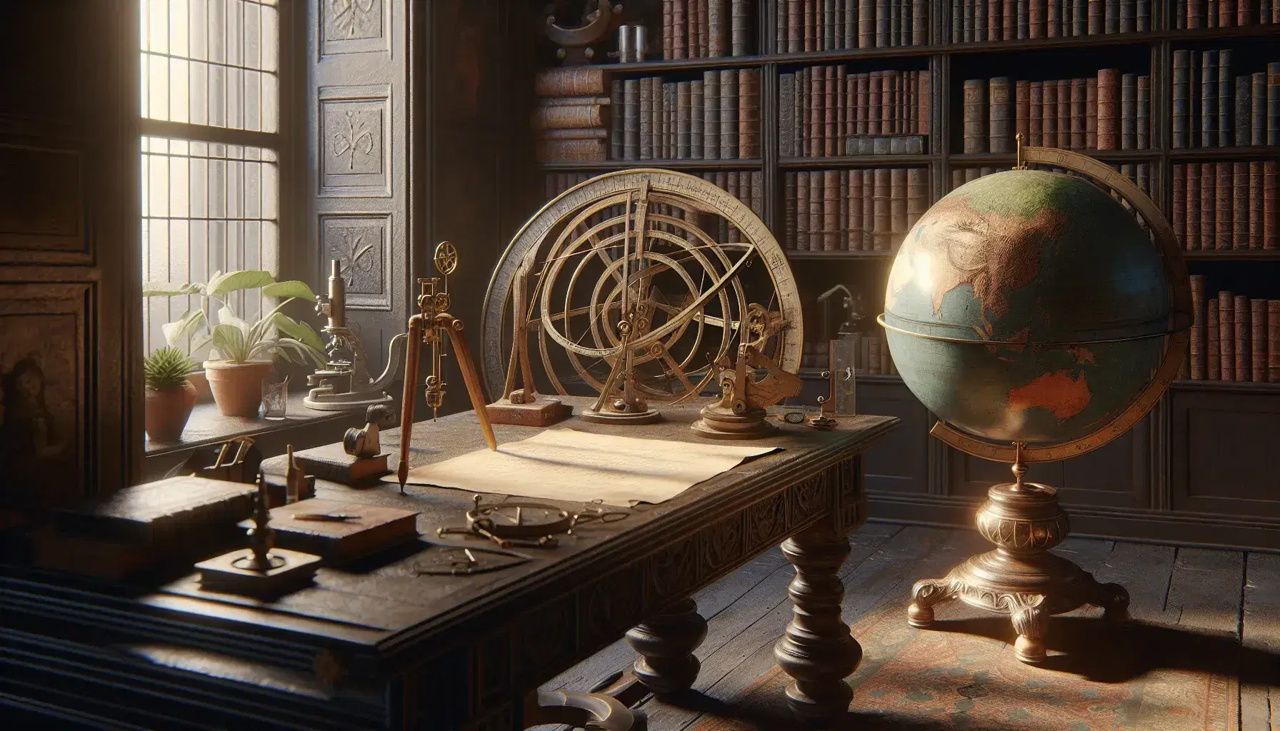 Estudio renacentista con globo terráqueo, astrolabio de bronce, compás junto a papel en blanco, estantería con libros encuadernados y microscopio de latón bajo luz natural.