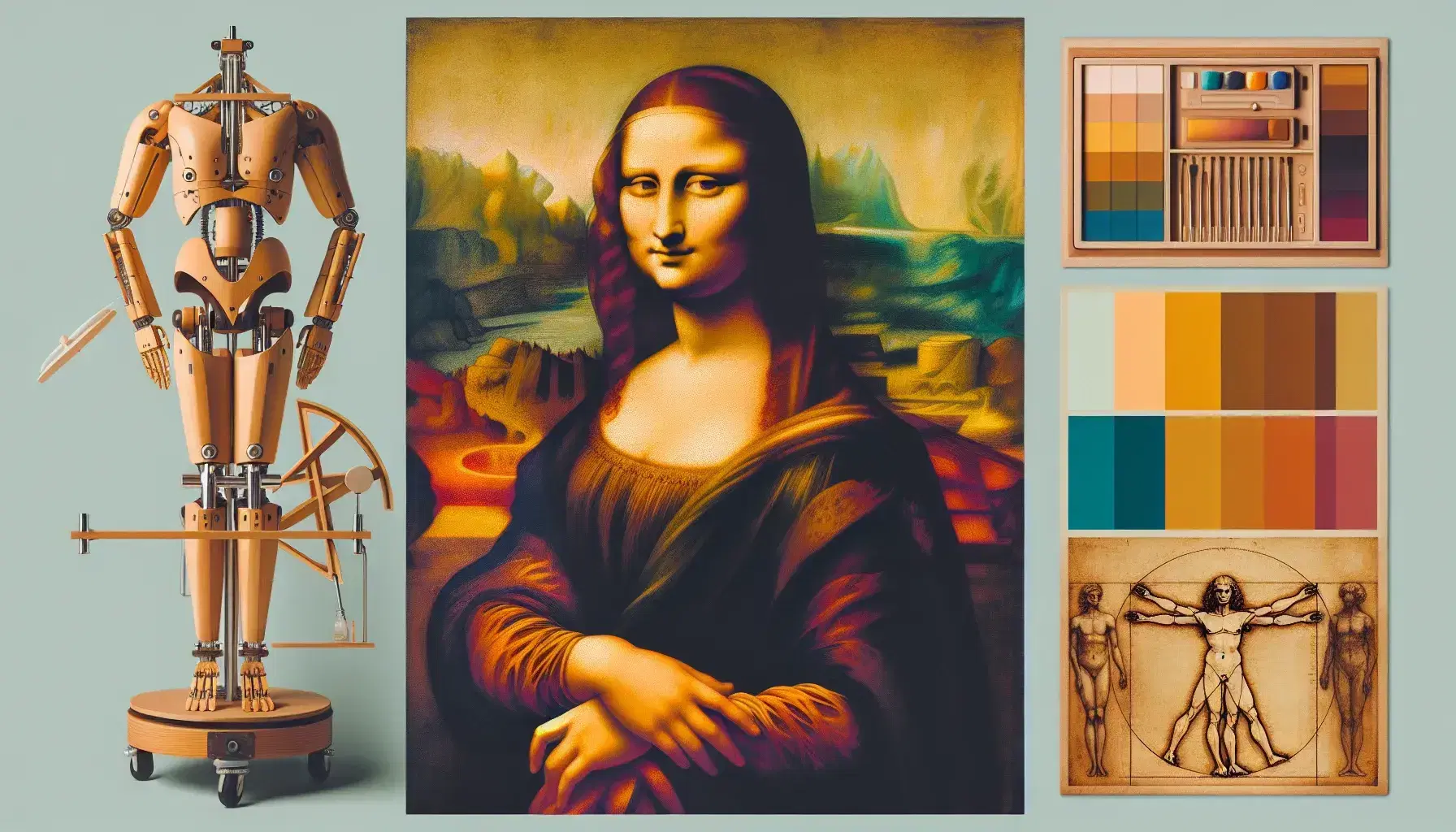 Riproduzione dettagliata della Gioconda di Leonardo da Vinci, con modellino di macchina volante e manichino anatomico su sfondo di palette colorata.