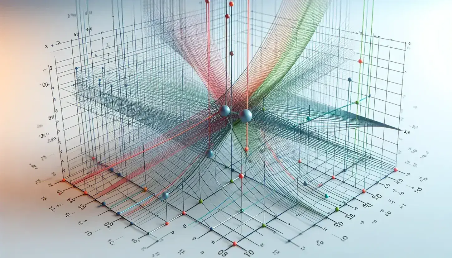 Three-dimensional coordinate system with red, green, and blue axes, featuring parallel gray lines on the XY plane and intersecting light blue planes.