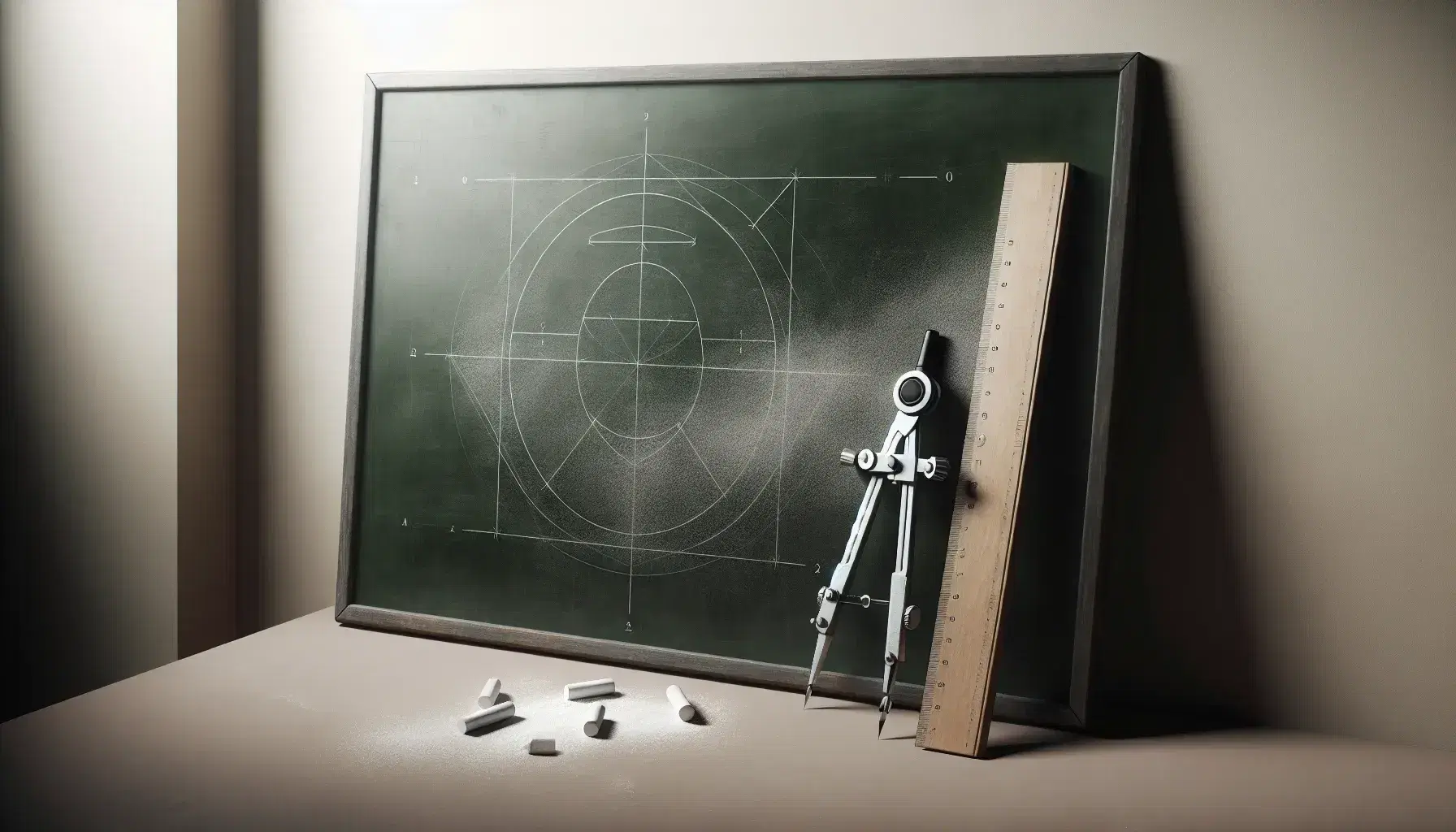Pizarra verde oscuro con figuras geométricas y polvo de tiza, compás metálico y regla de madera sin marcas en primer plano, fondo claro.