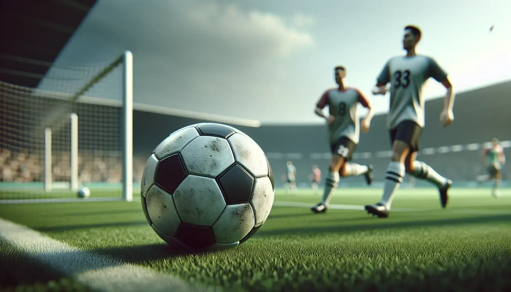 Pallone da calcio classico su campo erboso con giocatori sfocati in azione sullo sfondo e spettatori in tribuna sotto cielo azzurro.
