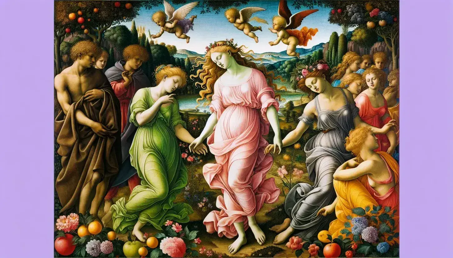 Dettaglio de 'La Primavera' di Botticelli con Venere al centro, putto alato sopra, tre Grazie danzanti a sinistra e due figure maschili a destra in giardino fiorito.