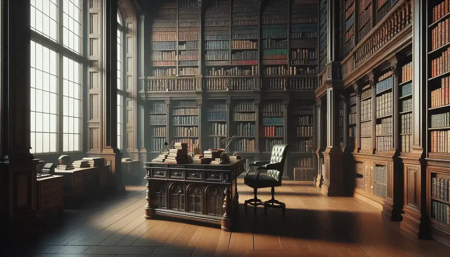 Biblioteca classica con scrivania in legno scuro, libri colorati impilati, scaffali pieni, sedia in pelle verde e tappeto persiano.
