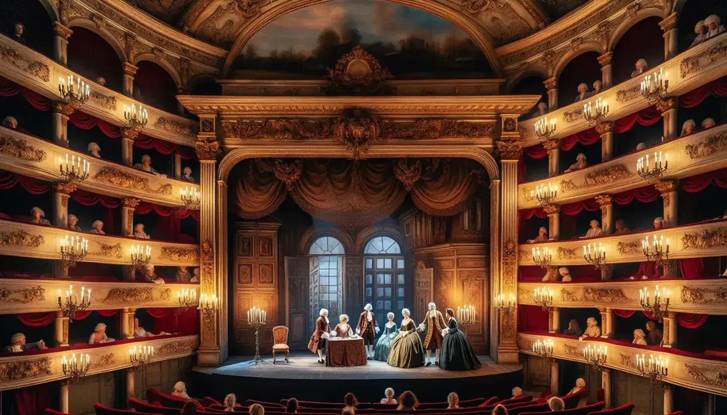 Scena teatrale settecentesca con attori in costume d'epoca su palco illuminato da candele, tra decorazioni barocche rosso oro.