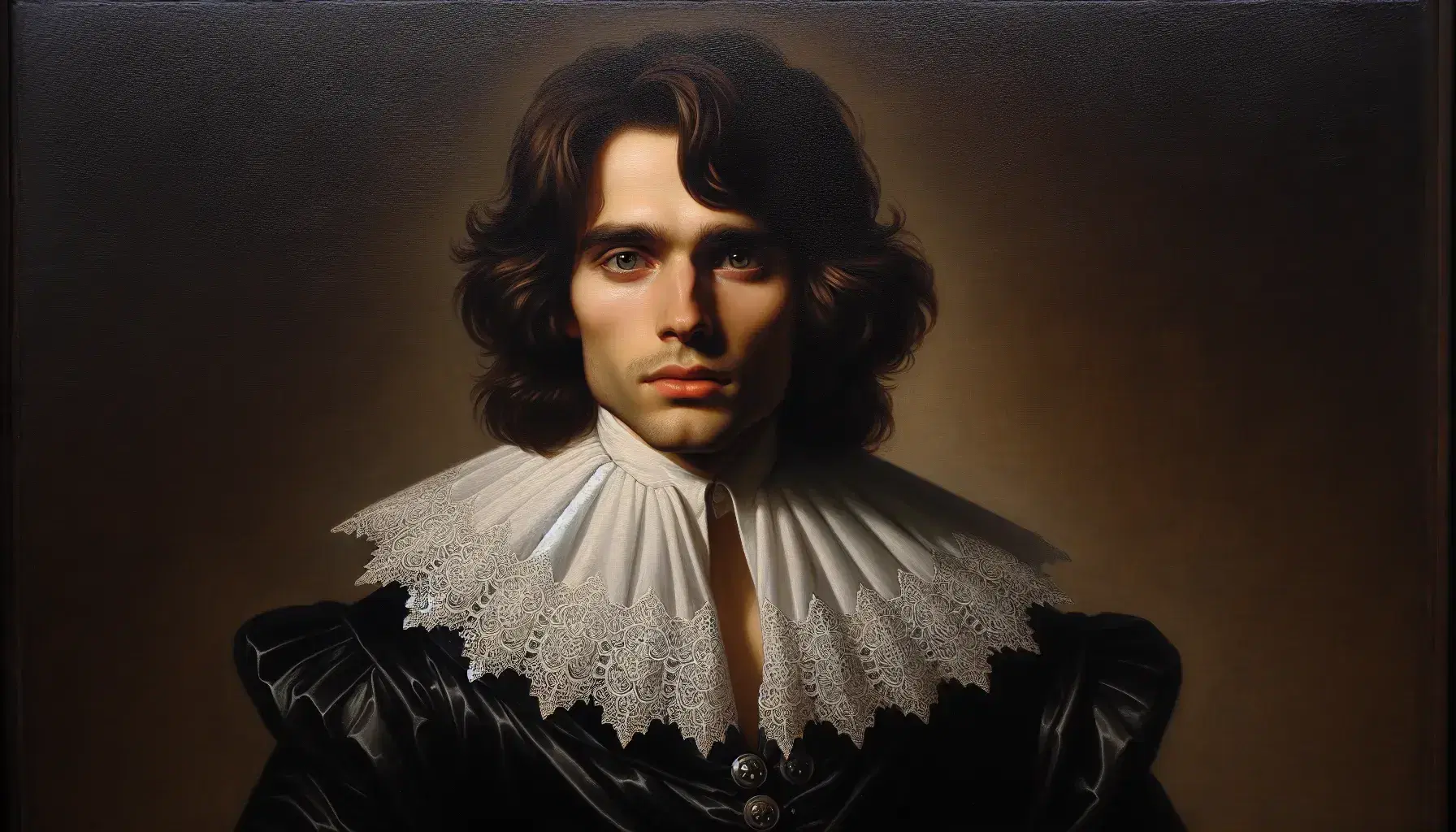 Ritratto olio su tela di uomo del XVII secolo con capelli castani, colletto in pizzo bianco, giacca di velluto nero e sguardo intenso.