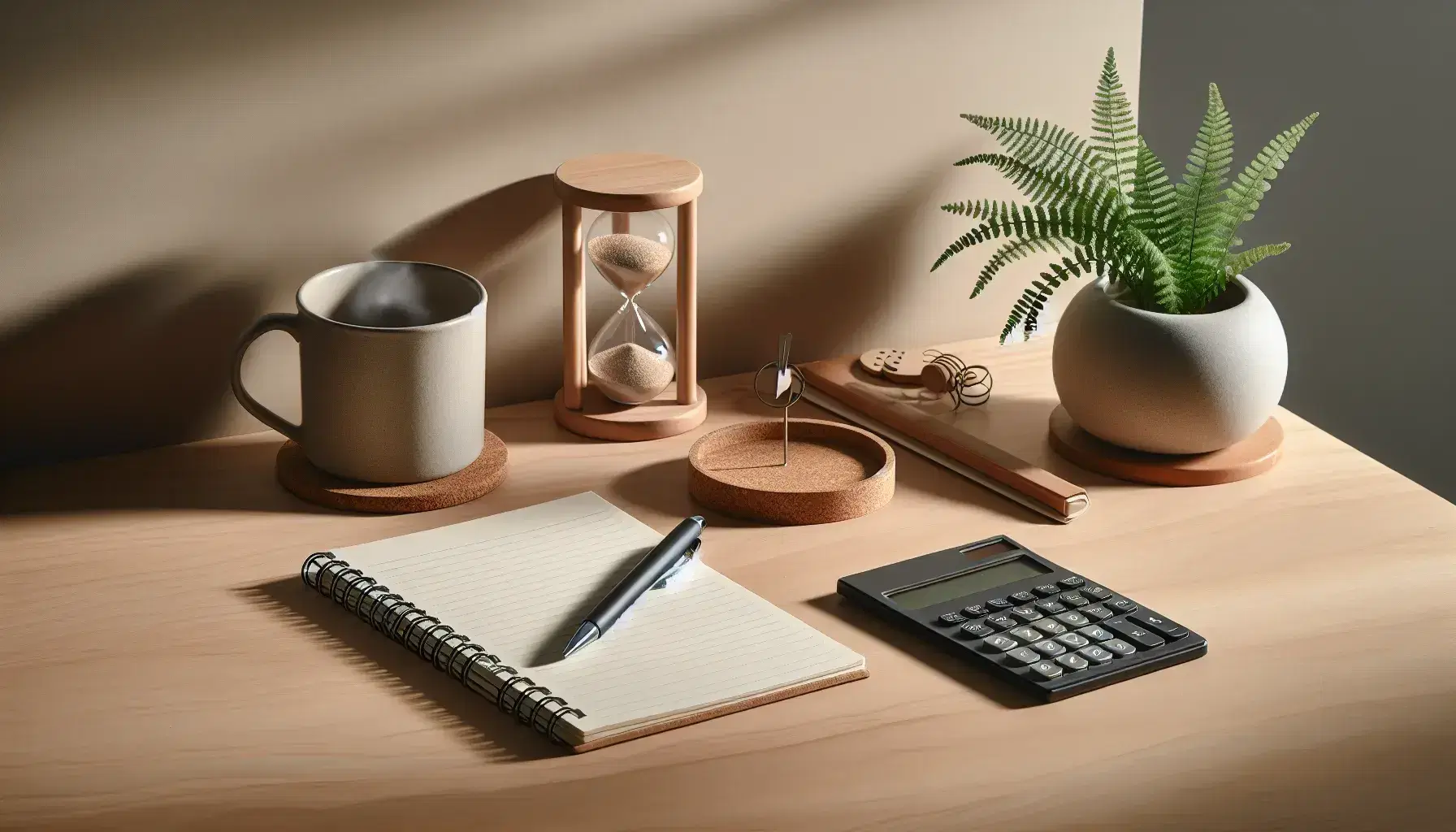 Escritorio de oficina de madera clara con bloc de notas, bolígrafo negro, calculadora científica gris, planta en maceta blanca, reloj de arena y taza de café sobre posavasos de corcho.