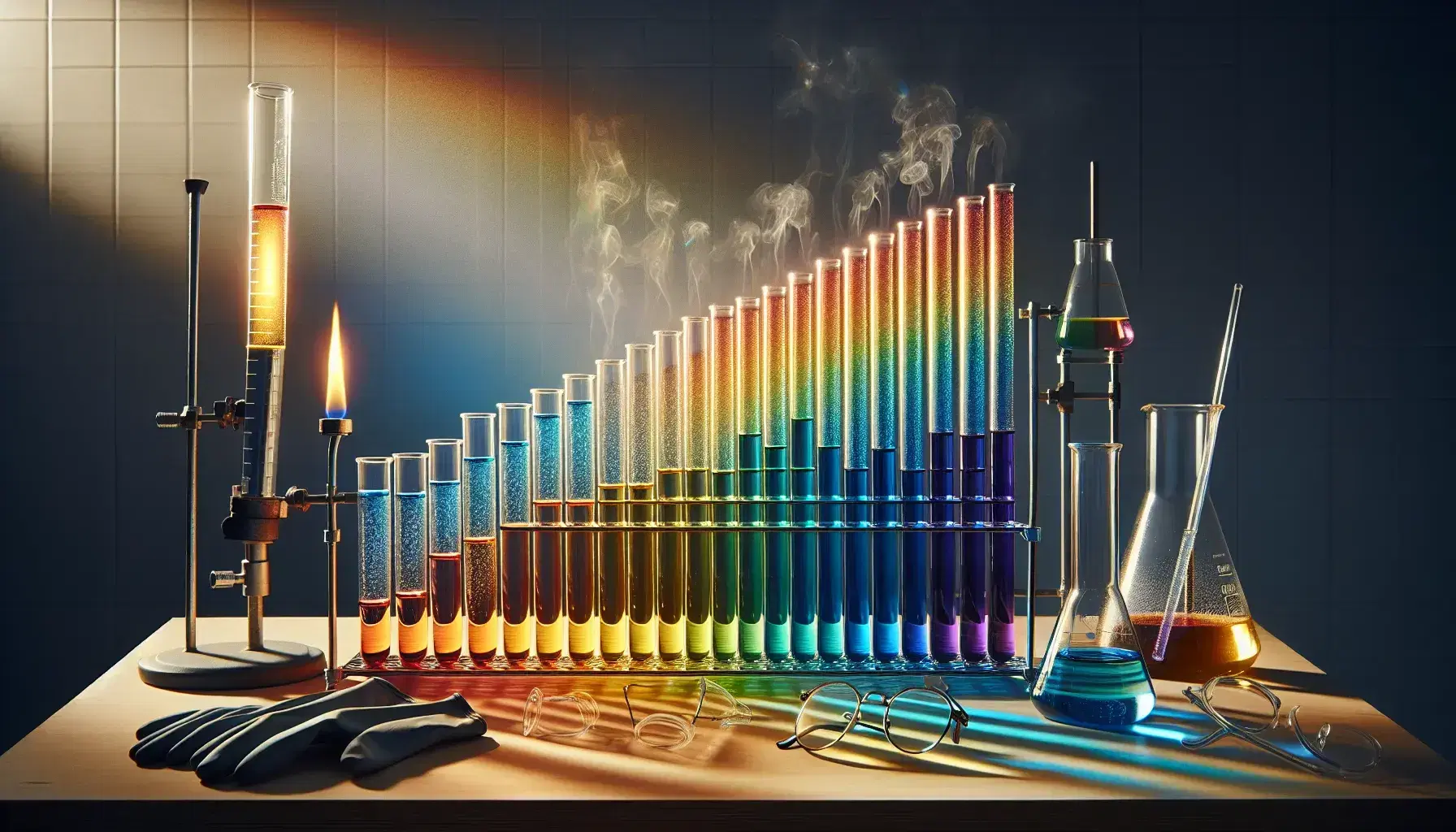 Provette di vetro con soluzioni colorate in gradazione arcobaleno su banco laboratorio, bruciatore acceso e attrezzature sicurezza.