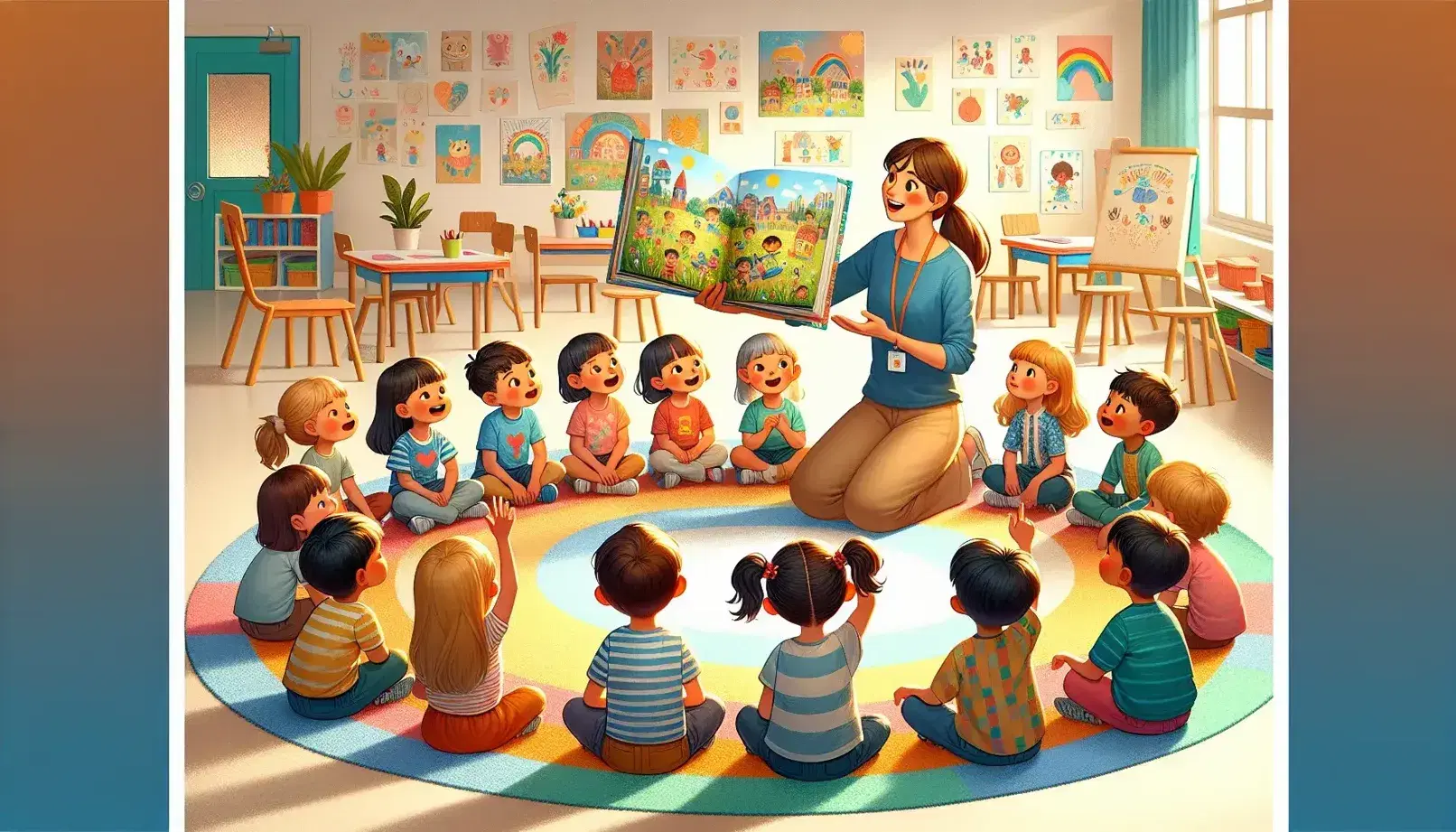 Bambini attenti ascoltano insegnante che mostra libro illustrato in aula scolastica luminosa con pareti decorate e giochi educativi.