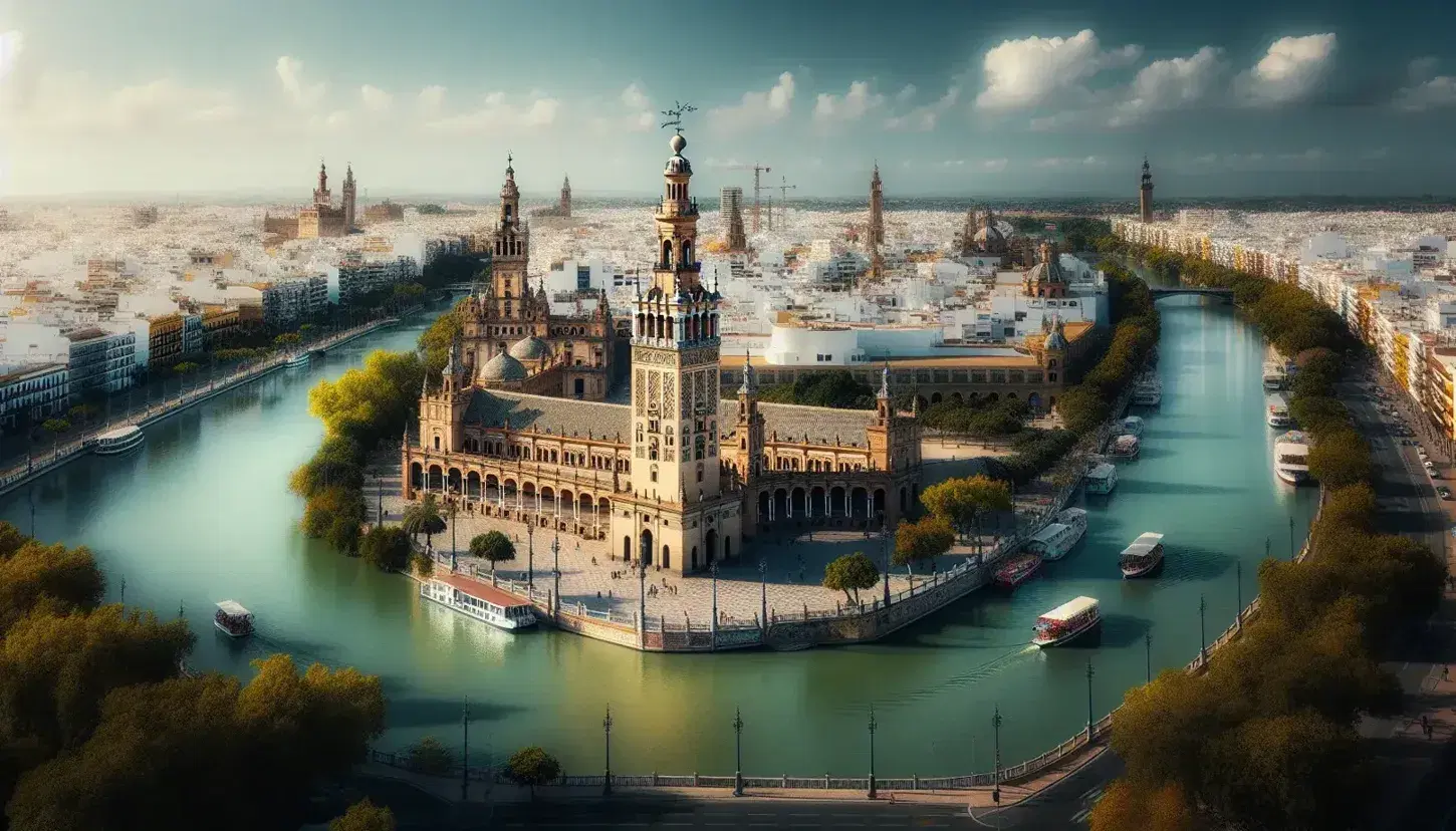 Vista panorámica de Sevilla con el río Guadalquivir, la Giralda destacando en el centro y la Plaza de España a la derecha, bajo un cielo azul claro.