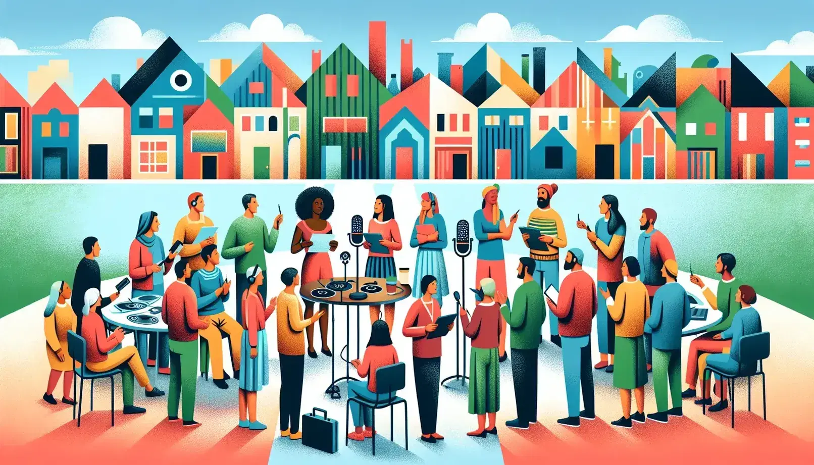 Grupo diverso interactuando en semicírculo con mujer tomando notas, fondo de mural colorido con casas, mesa con dispositivos electrónicos y planta con flor amarilla.