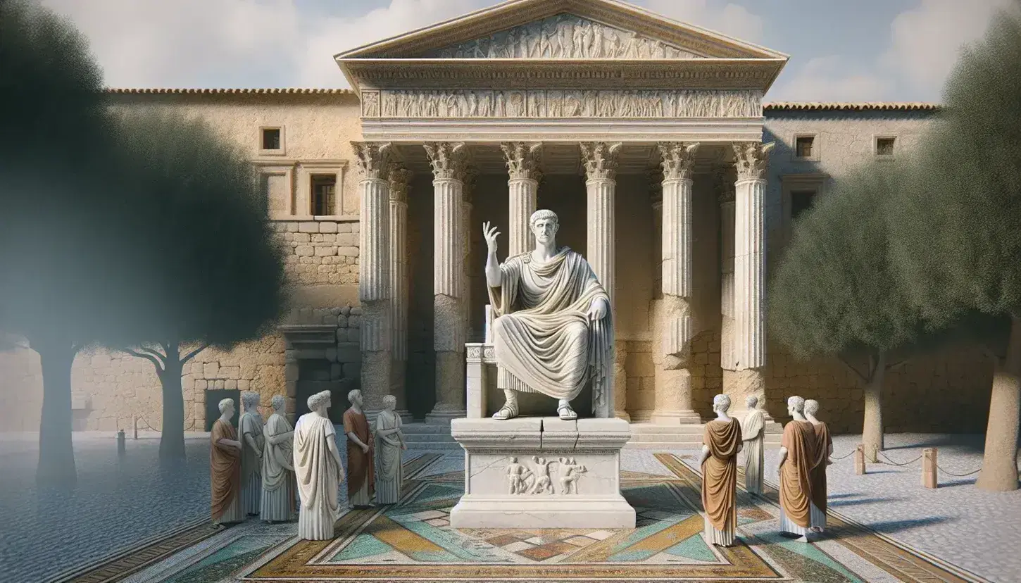 Statua marmorea dell'imperatore Costantino seduto su trono, con edificio antico e colonne corinzie sullo sfondo, persone in abiti storici e mosaico colorato a terra.