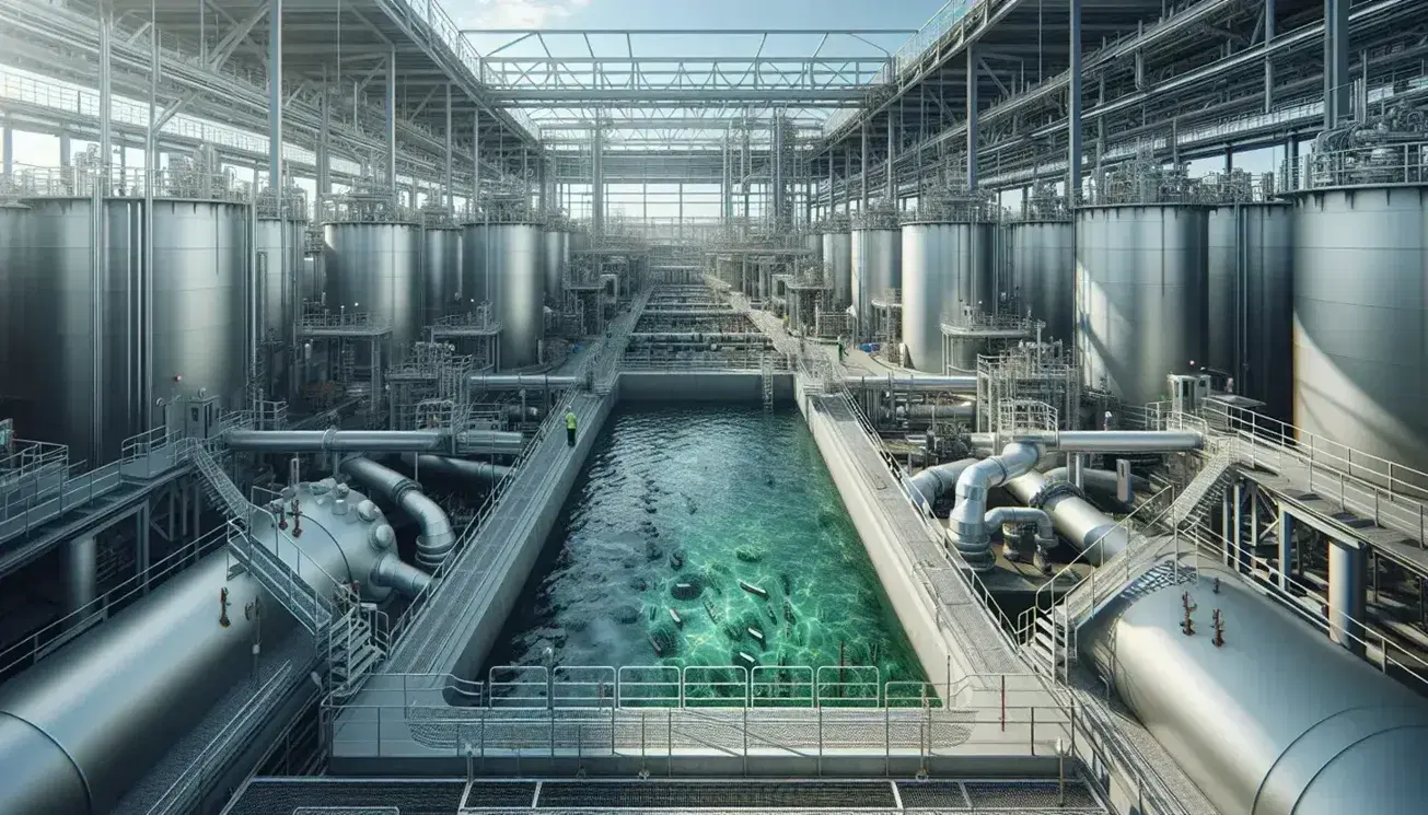 Planta de tratamiento de aguas residuales industriales con tanques metálicos, piscina de agua verde y personal supervisando bajo un cielo azul.