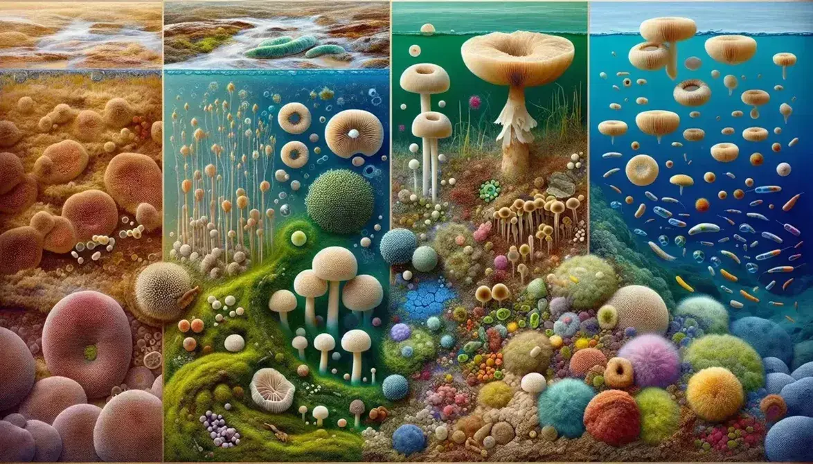 Composizione fotografica dei cinque regni naturali: ambiente acquatico con Monera, mondo colorato dei Protisti, funghi, foresta lussureggiante e fauna varia.