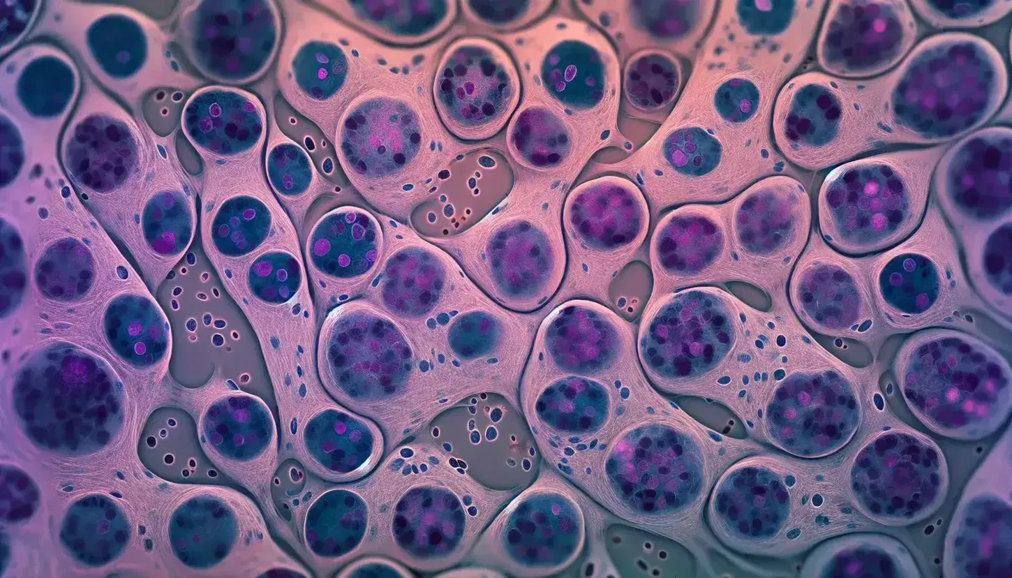 Vista microscópica de tejido celular con células redondeadas teñidas en tonos rosas y morados, núcleos oscuros y estructuras extracelulares claras.
