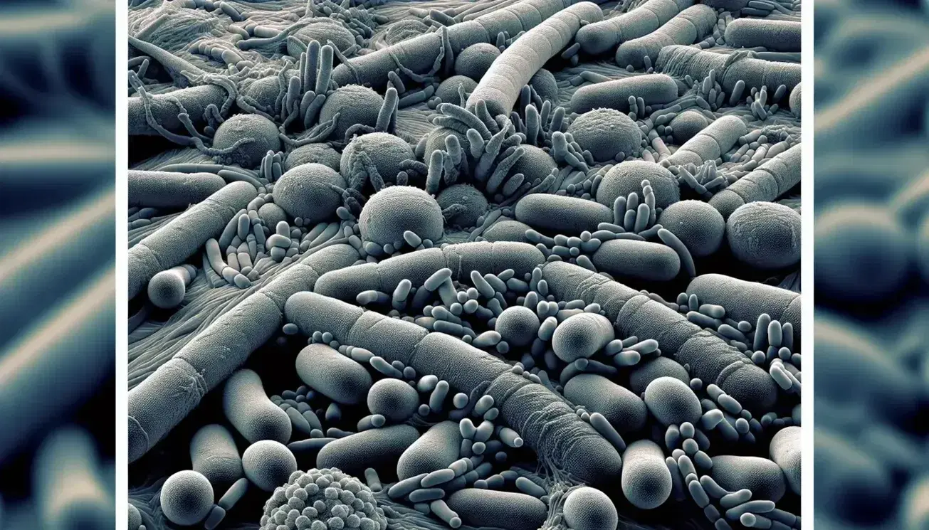 Microscopio electrónico muestra superficie con bacterias Alphaproteobacteria alargadas, células esféricas y estructuras filamentosas de Caulobacteraceae.